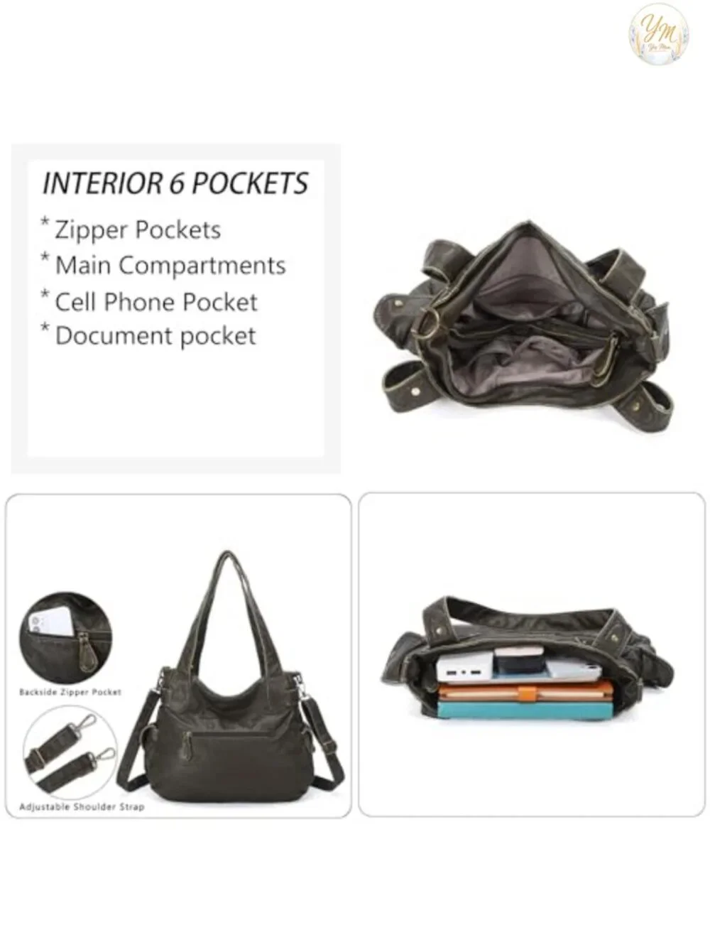 Large Washed Faux Leather Hobo Tote Double Zipper Multi Pockets Shoulder Bag